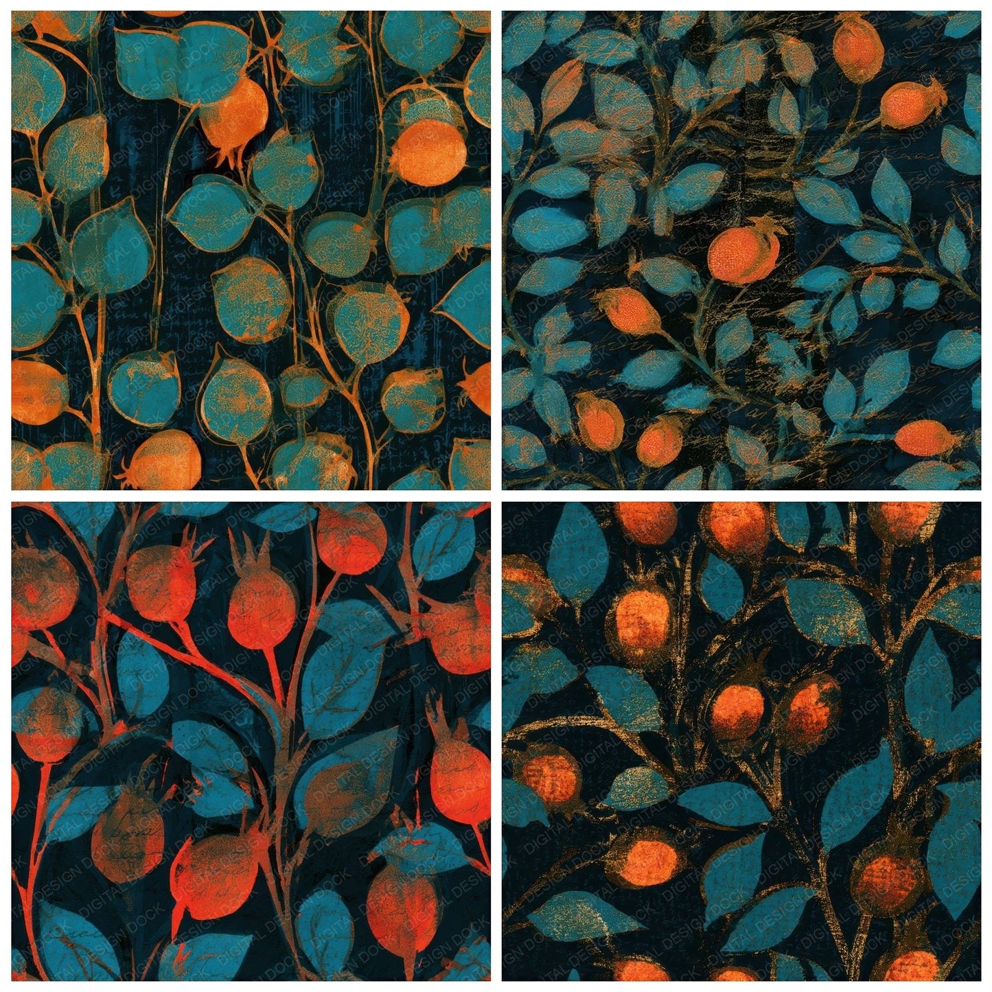 Indian Block Rose Hips Tangerine Seamless Digital Paper Pack (DDD013655)