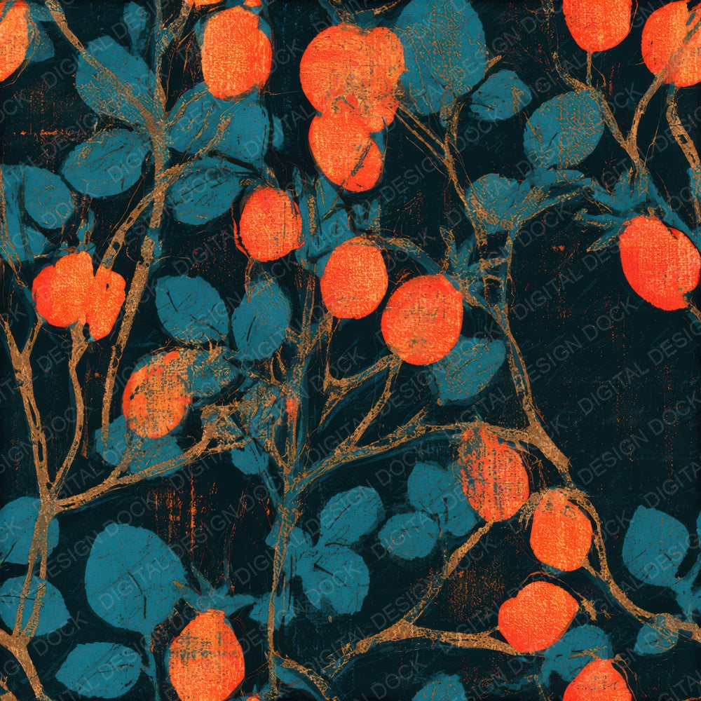 Indian Block Rose Hips Tangerine Seamless Digital Paper Pack (DDD013655)