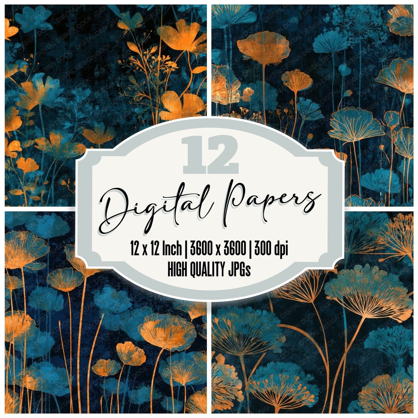Linocut Meadow Flowers Tangerine Turquoise Digital Paper Pack (DDD013656)