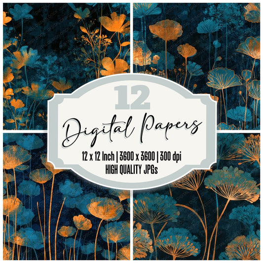 Linocut Meadow Flowers Tangerine Turquoise Digital Paper Pack (DDD013656)