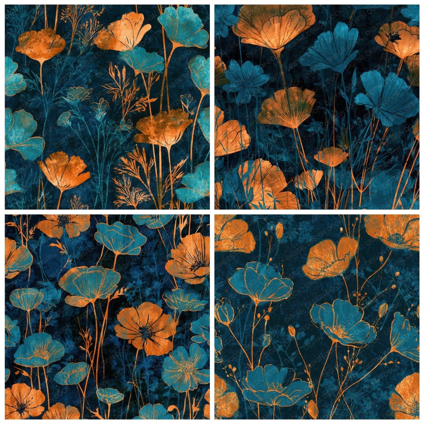 Linocut Meadow Flowers Tangerine Turquoise Digital Paper Pack (DDD013656)
