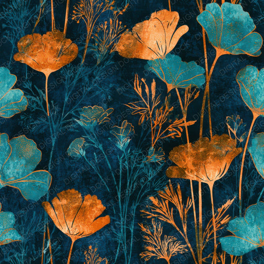 Linocut Meadow Flowers Tangerine Turquoise Digital Paper Pack (DDD013656)