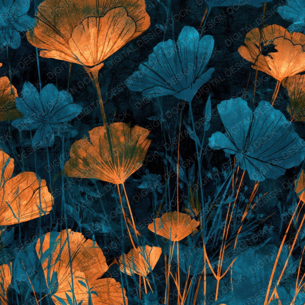 Linocut Meadow Flowers Tangerine Turquoise Digital Paper Pack (DDD013656)