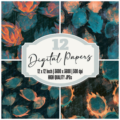 Monoprint Dragon Fruit Tangerine Turquoise Seamless Digital Paper Pack (DDD013658)