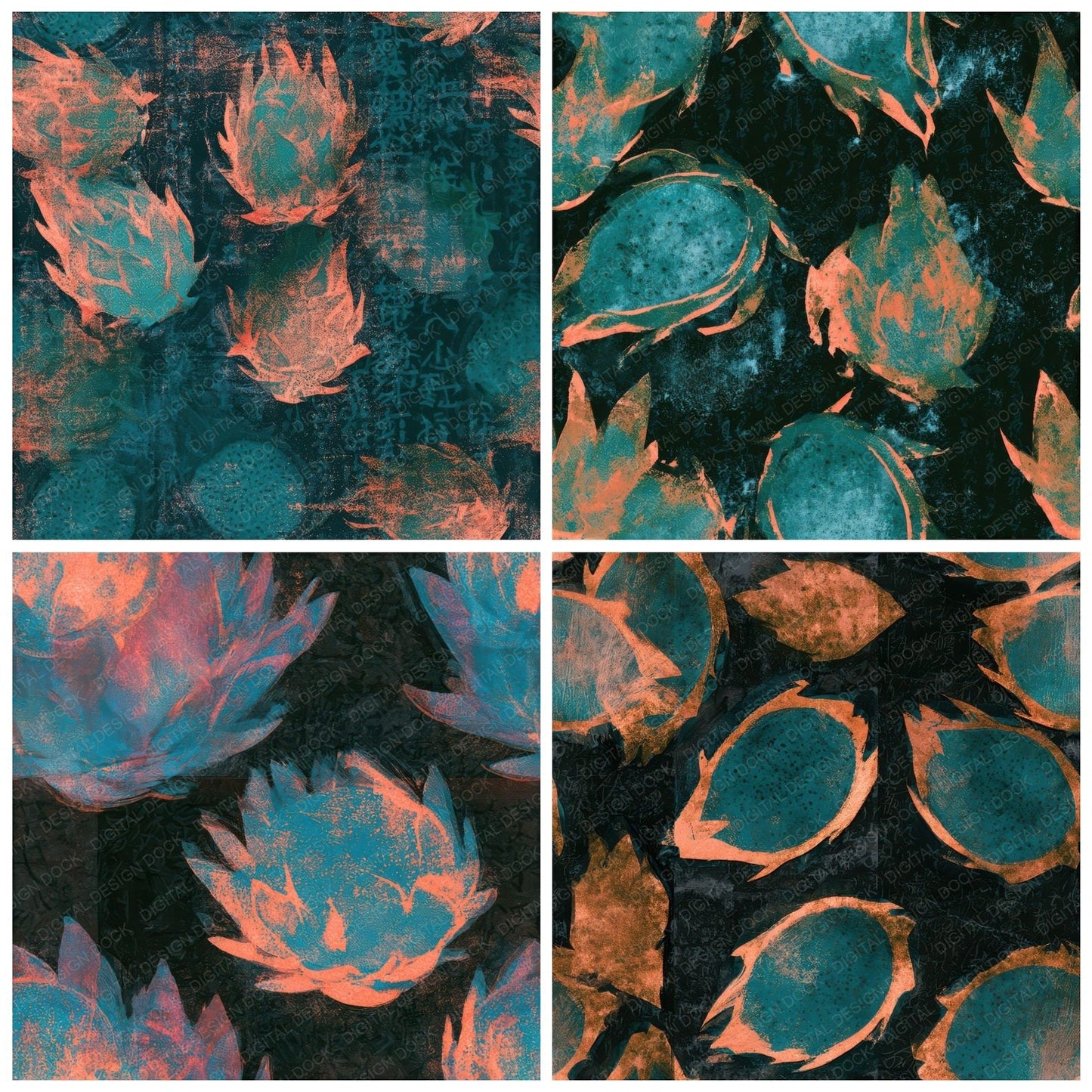 Monoprint Dragon Fruit Tangerine Turquoise Seamless Digital Paper Pack (DDD013658)