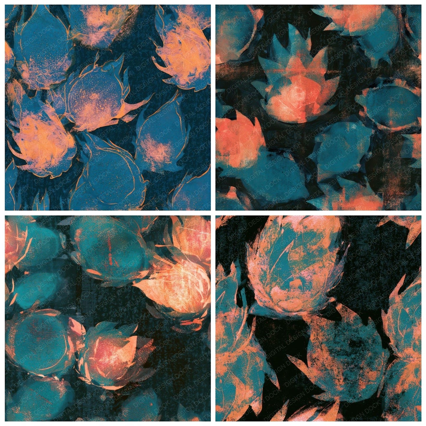 Monoprint Dragon Fruit Tangerine Turquoise Seamless Digital Paper Pack (DDD013658)