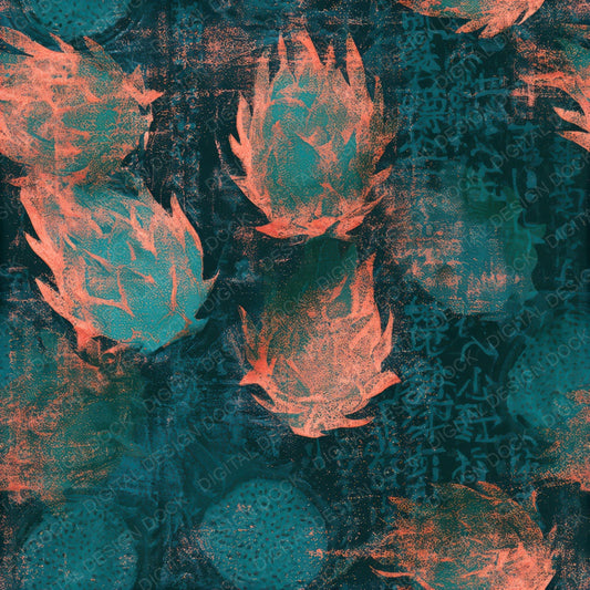 Monoprint Dragon Fruit Tangerine Turquoise Seamless Digital Paper Pack (DDD013658)
