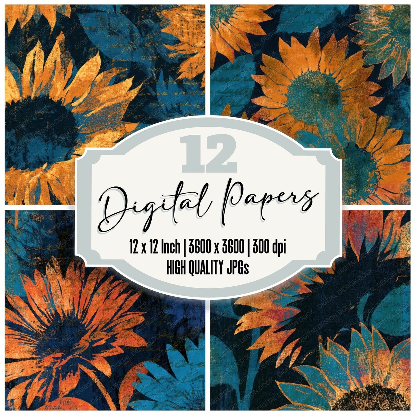 Monoprint Sunflower Tangerine Turquoise Digital Paper Pack (DDD013661)