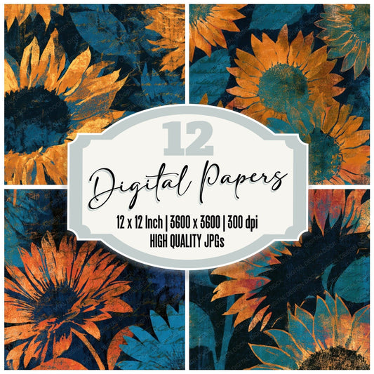 Monoprint Sunflower Tangerine Turquoise Digital Paper Pack (DDD013661)