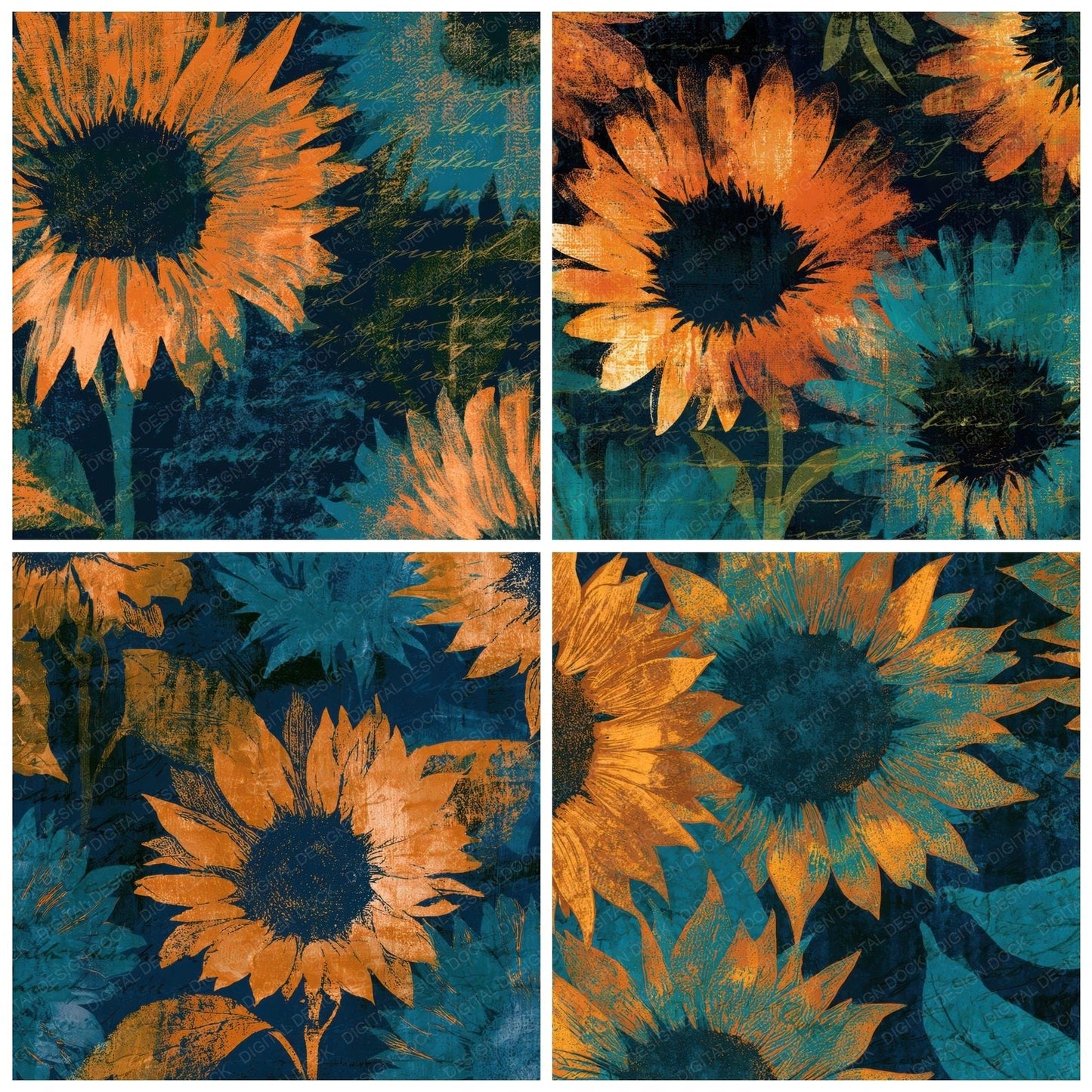 Monoprint Sunflower Tangerine Turquoise Digital Paper Pack (DDD013661)