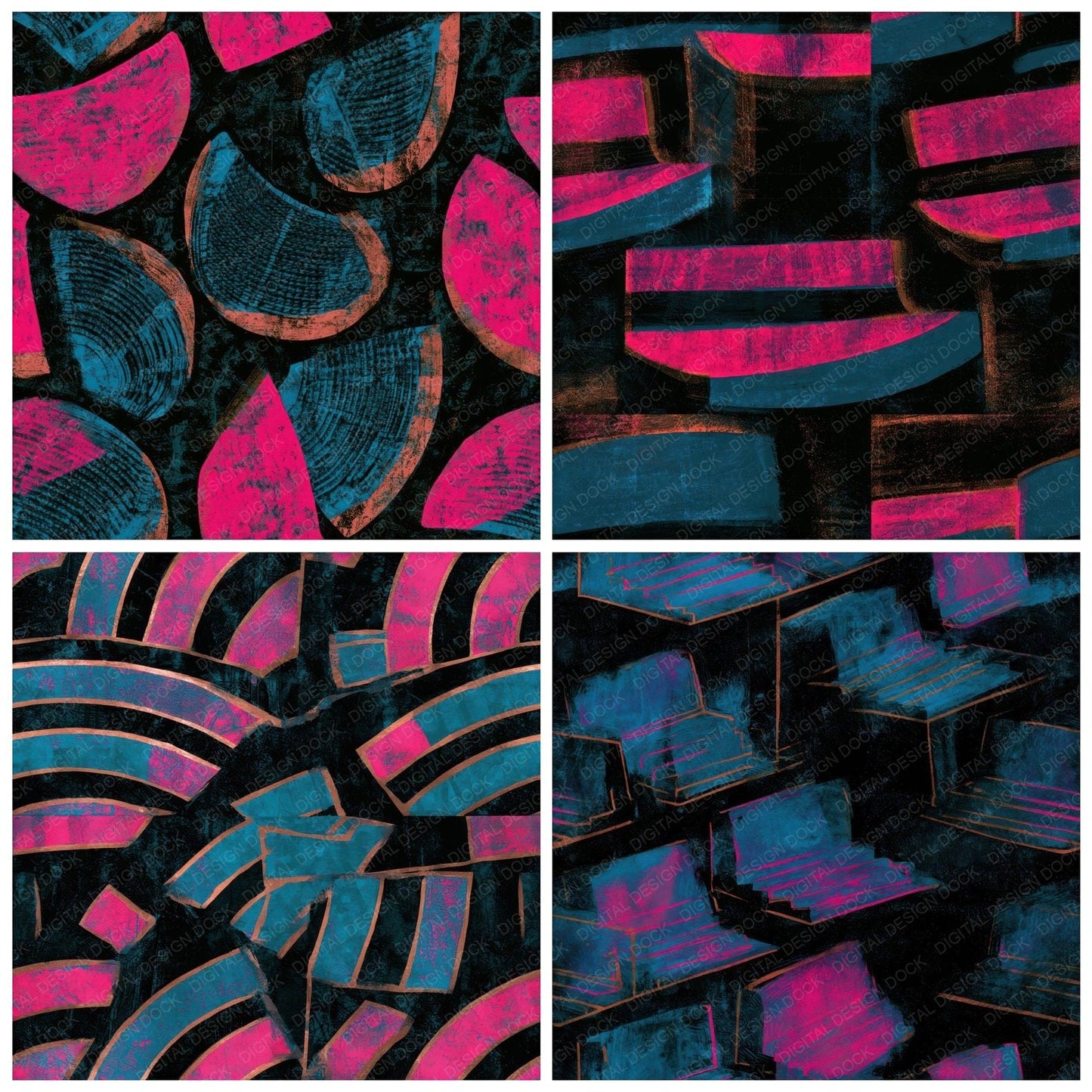 Woodblock Carnival Seating Pink Cyan Seamless Digital Paper Pack (DDD013662)