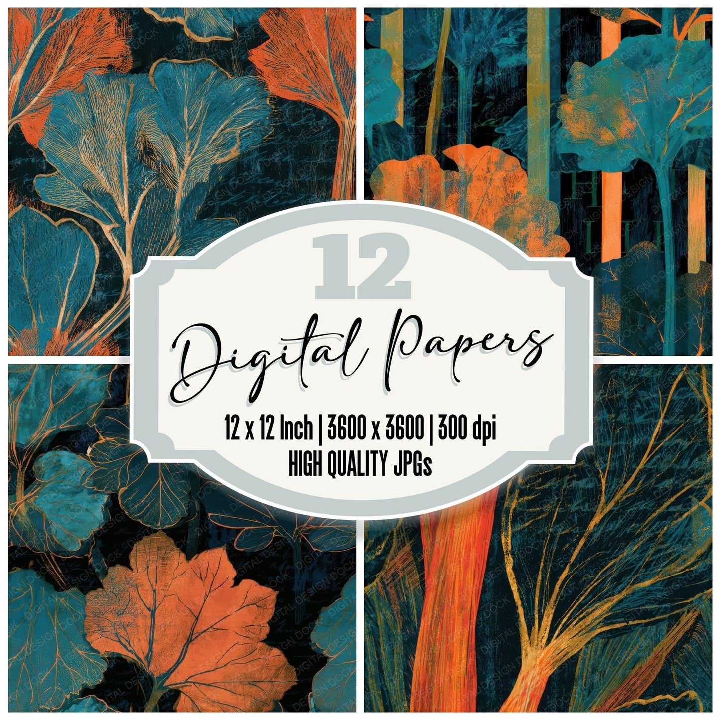 Woodblock Rhubarb Tangerine Turquoise Seamless Digital Paper Pack (DDD013663)