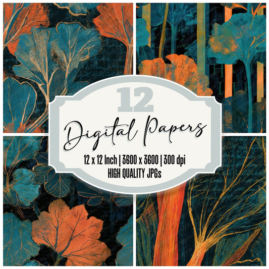 Woodblock Rhubarb Tangerine Turquoise Seamless Digital Paper Pack (DDD013663)