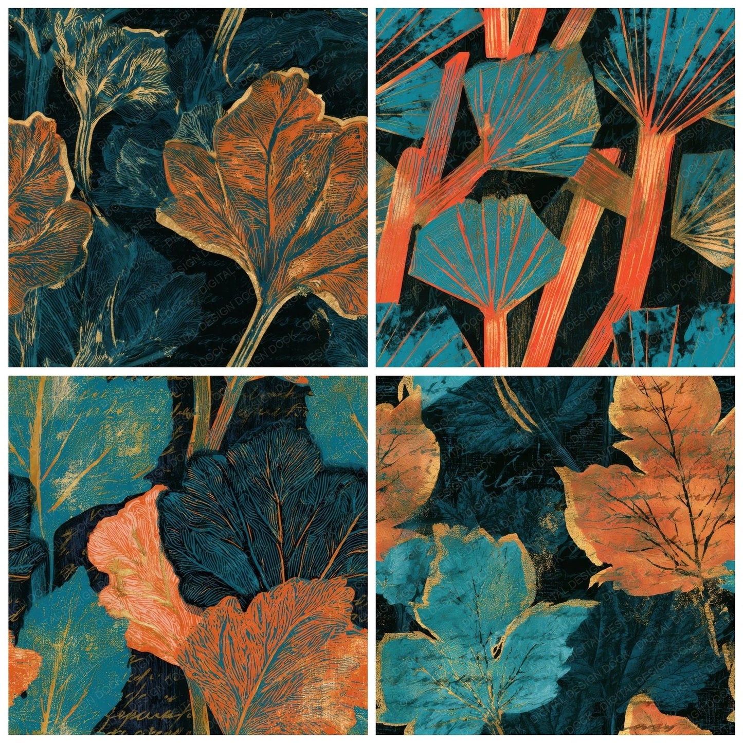 Woodblock Rhubarb Tangerine Turquoise Seamless Digital Paper Pack (DDD013663)