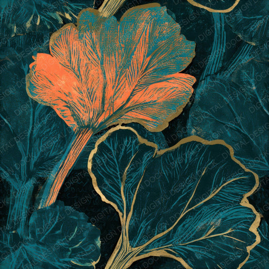 Woodblock Rhubarb Tangerine Turquoise Seamless Digital Paper Pack (DDD013663)