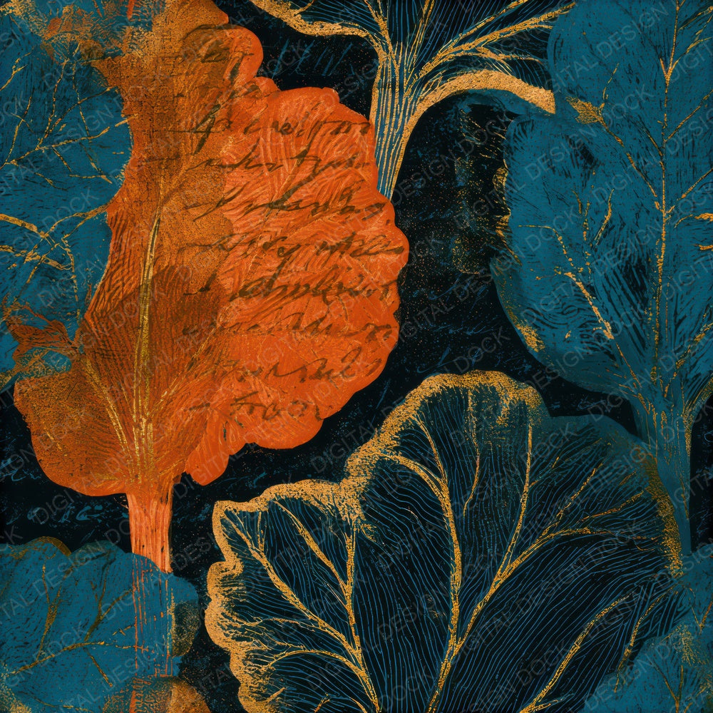 Woodblock Rhubarb Tangerine Turquoise Seamless Digital Paper Pack (DDD013663)