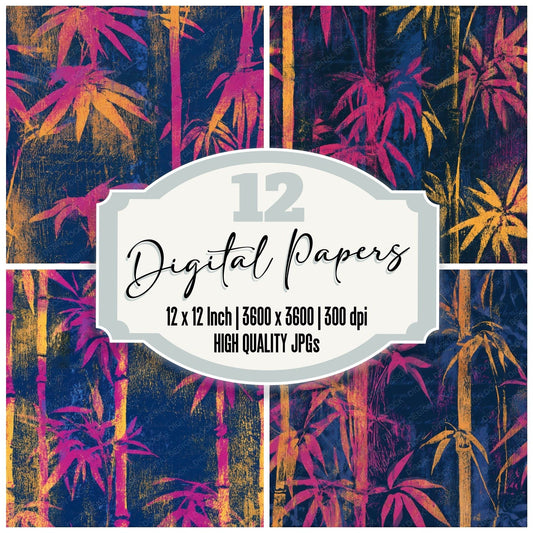 Woodcut Bamboo Pink Yellow Seamless Digital Paper Pack (DDD013664)