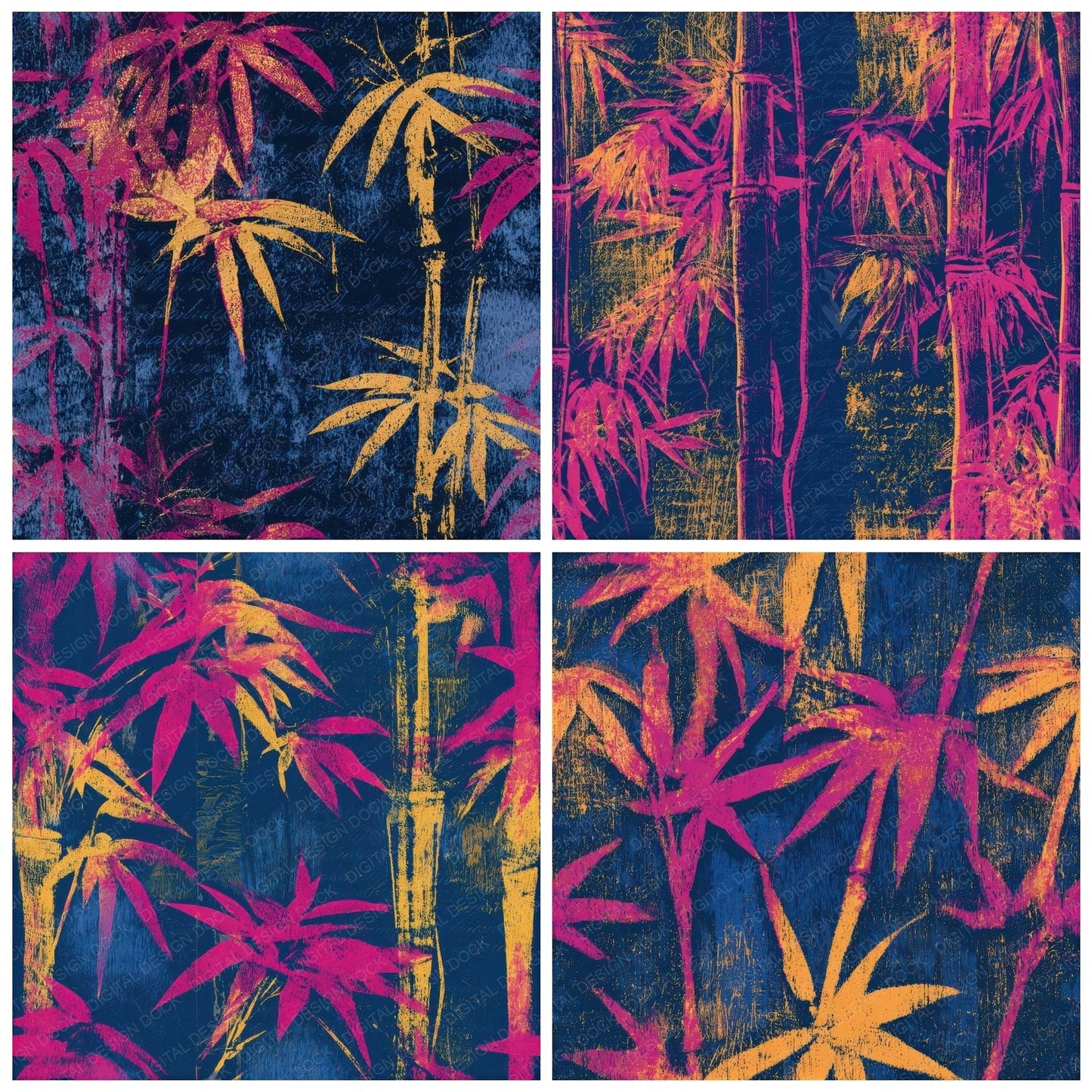 Woodcut Bamboo Pink Yellow Seamless Digital Paper Pack (DDD013664)