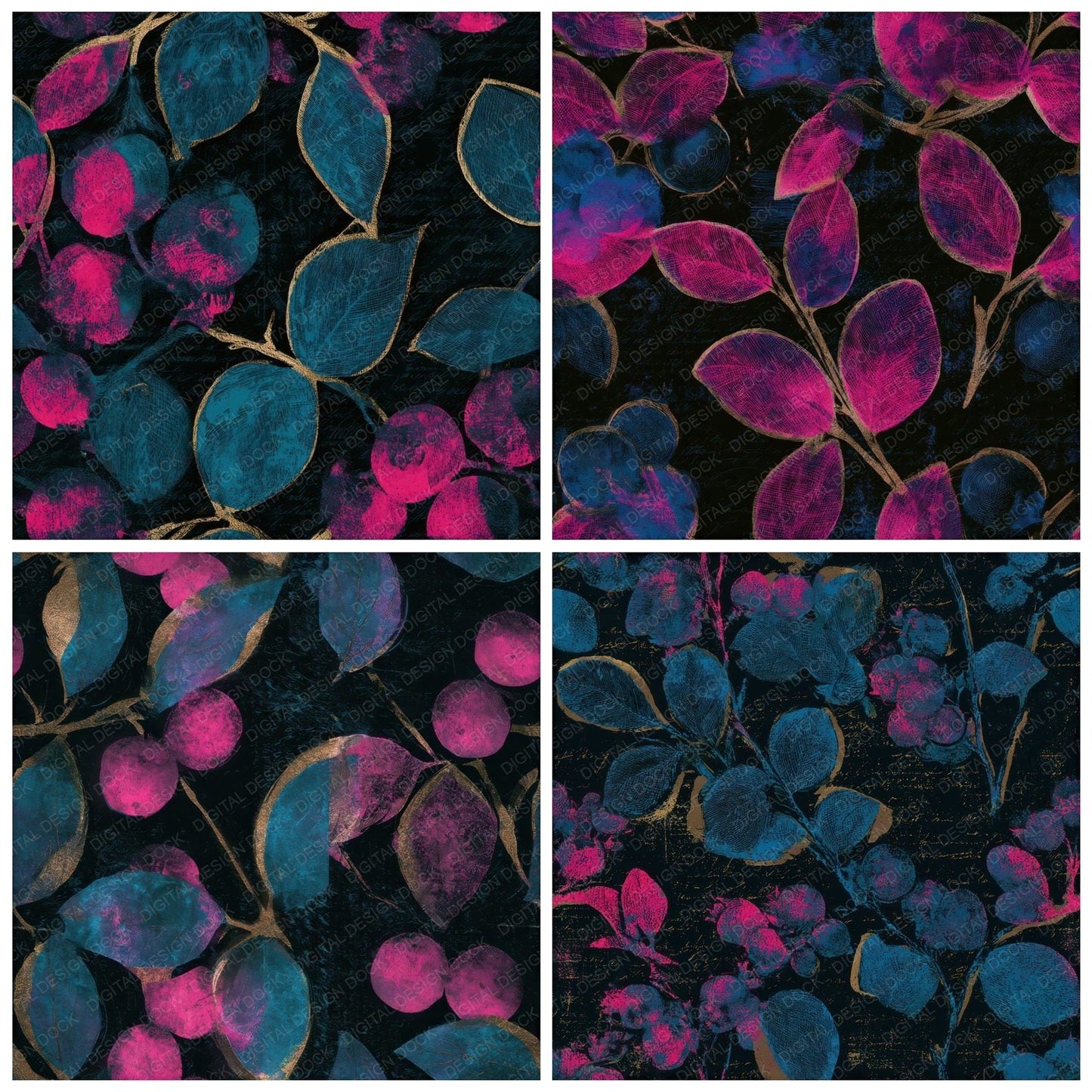 Etching Blueberries Electric Pink Seamless Digital Paper Pack (DDD013668)