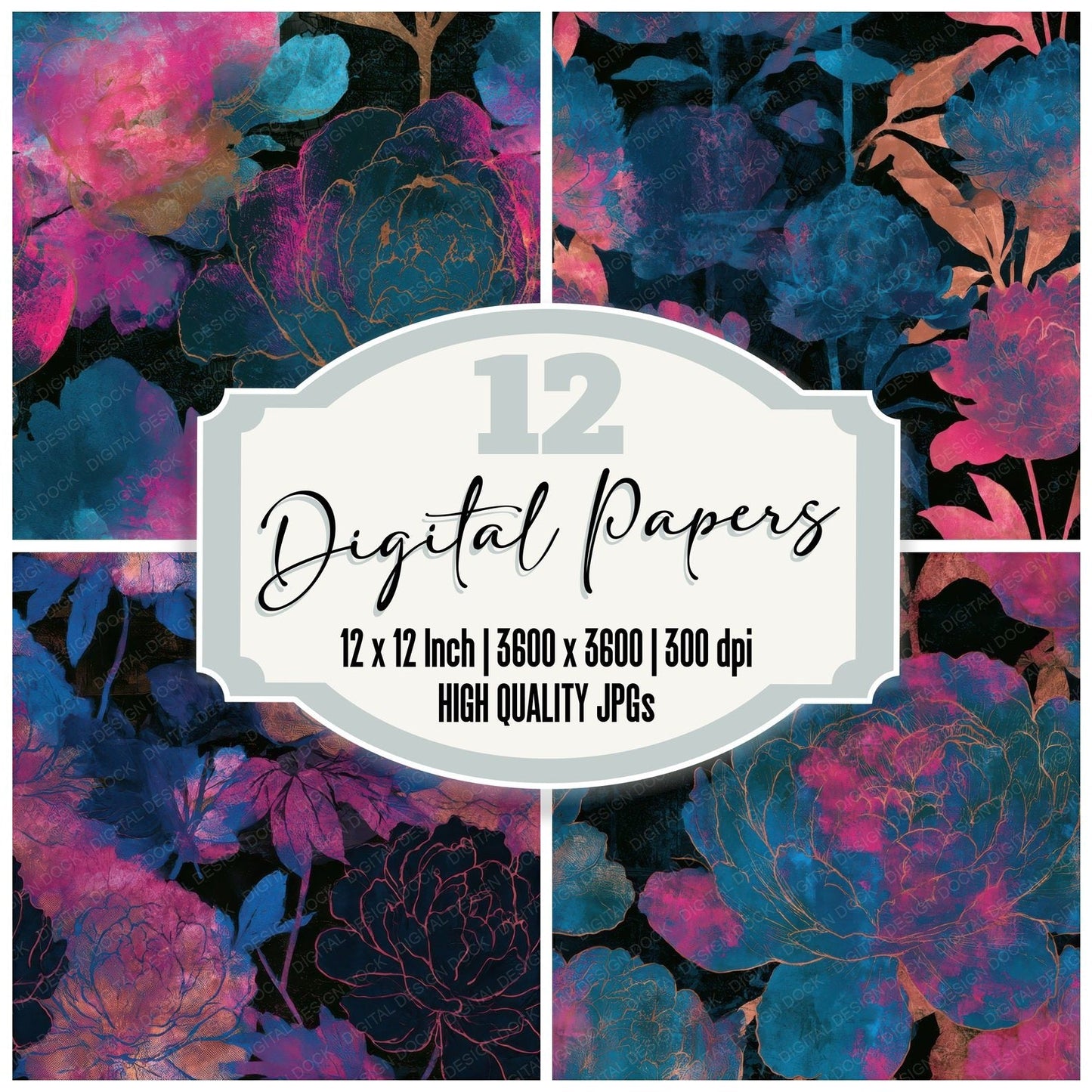 Etching Peonies Pink Cyan Seamless Digital Paper Pack (DDD013669)
