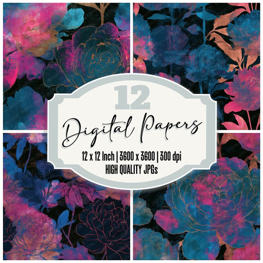 Etching Peonies Pink Cyan Seamless Digital Paper Pack (DDD013669)