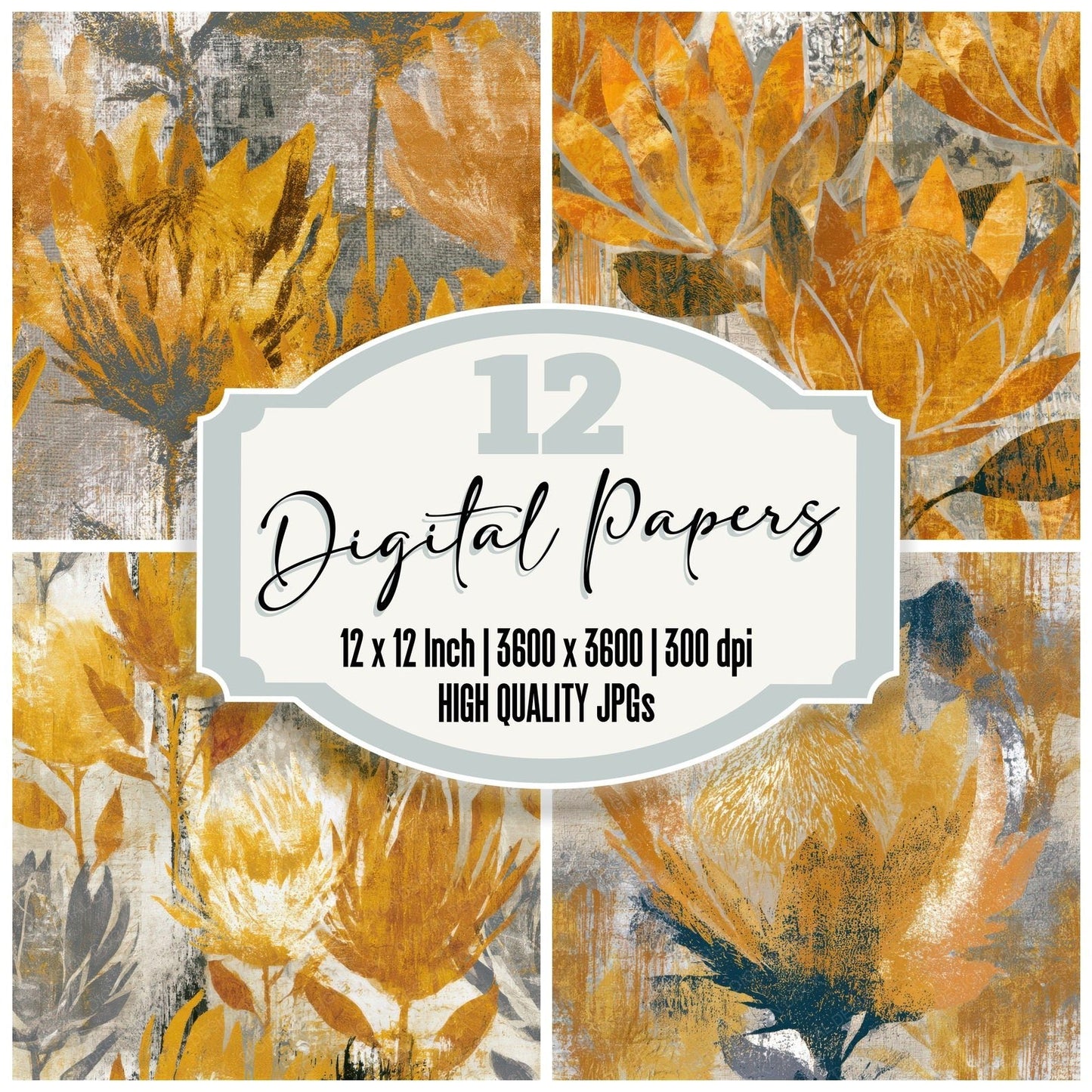 Graffiti Protea Wheat Gold Seamless Digital Paper Pack (DDD013670)