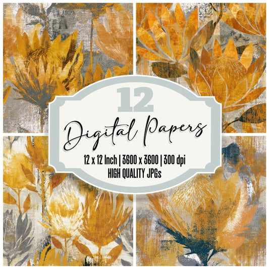 Graffiti Protea Wheat Gold Seamless Digital Paper Pack (DDD013670)