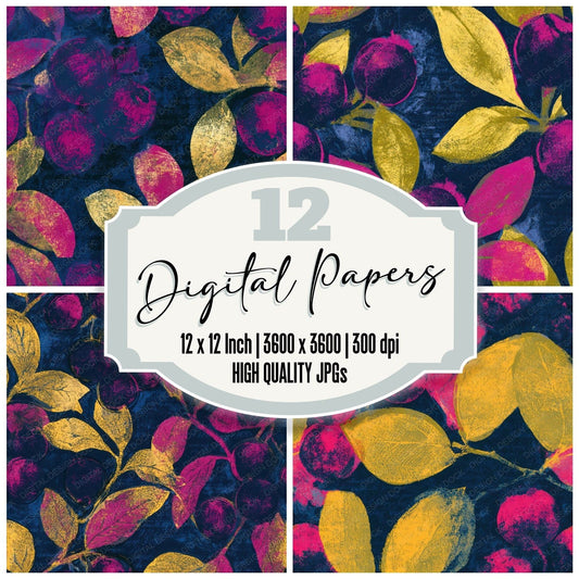 Linocut Blueberry Hot Pink Navy Seamless Digital Paper Pack (DDD013673)
