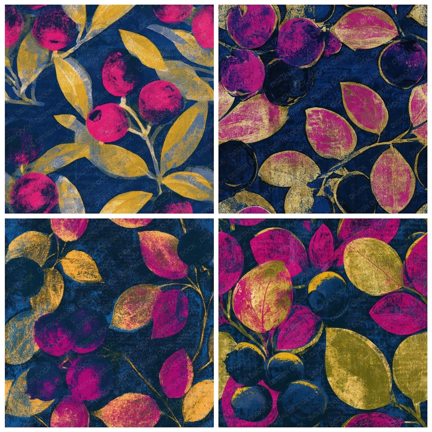 Linocut Blueberry Hot Pink Navy Seamless Digital Paper Pack (DDD013673)