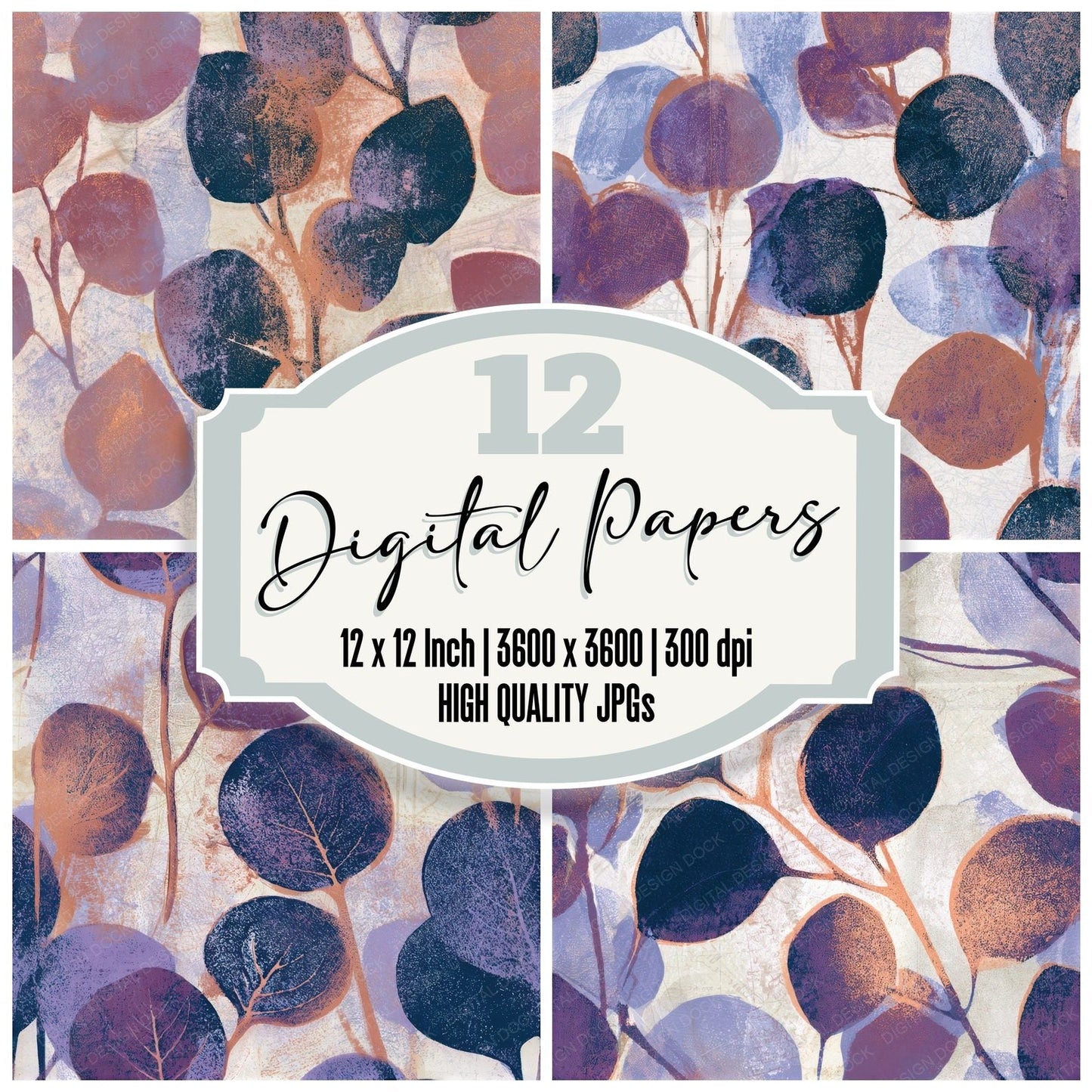 Monoprint Eucalyptus Periwinkle Plum Seamless Digital Paper Pack (DDD013674)