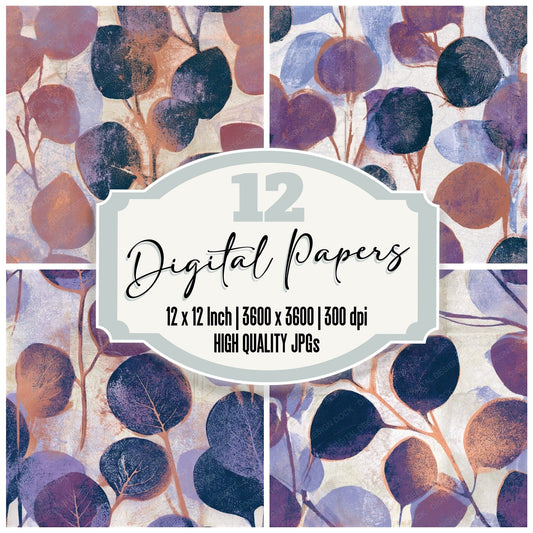 Monoprint Eucalyptus Periwinkle Plum Seamless Digital Paper Pack (DDD013674)