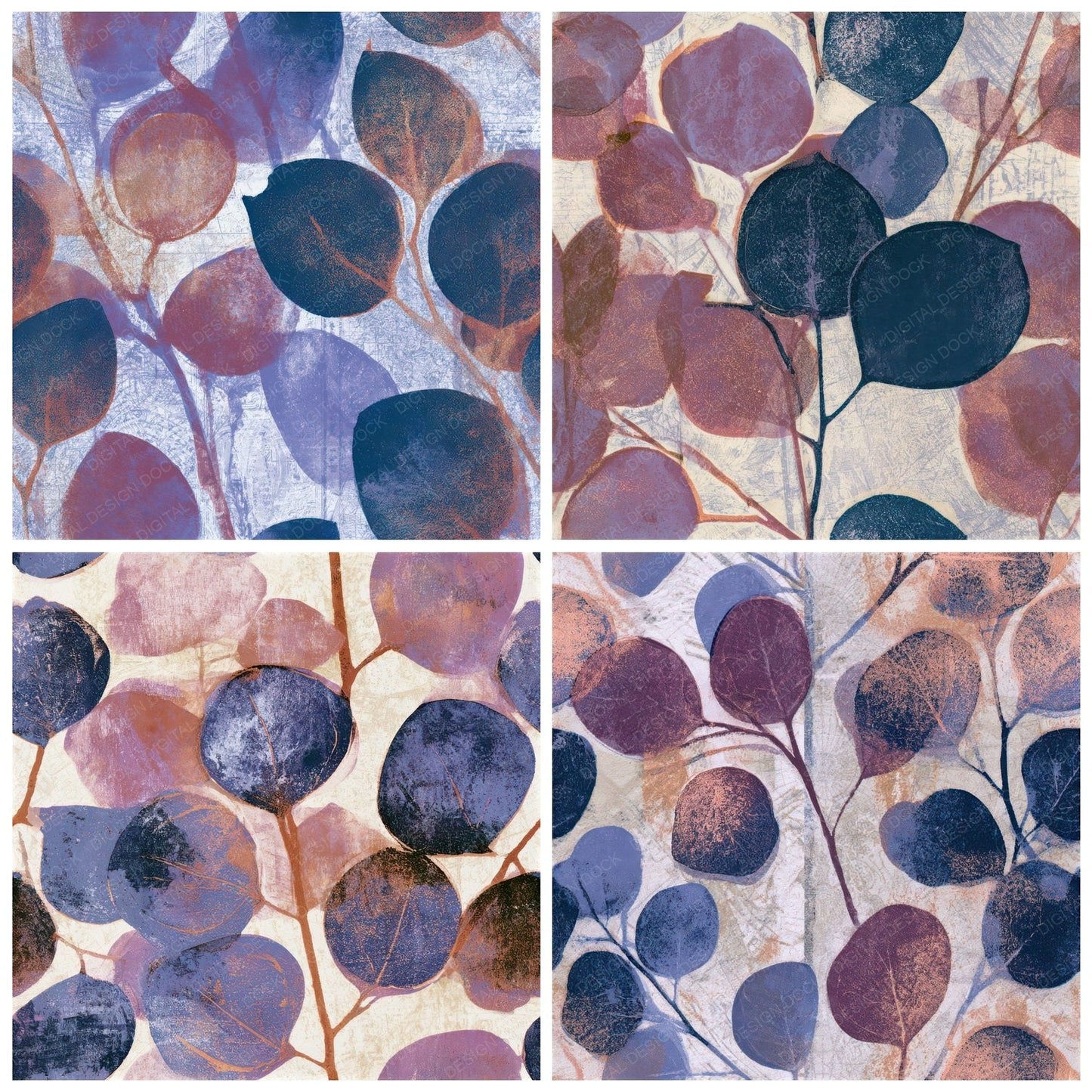 Monoprint Eucalyptus Periwinkle Plum Seamless Digital Paper Pack (DDD013674)