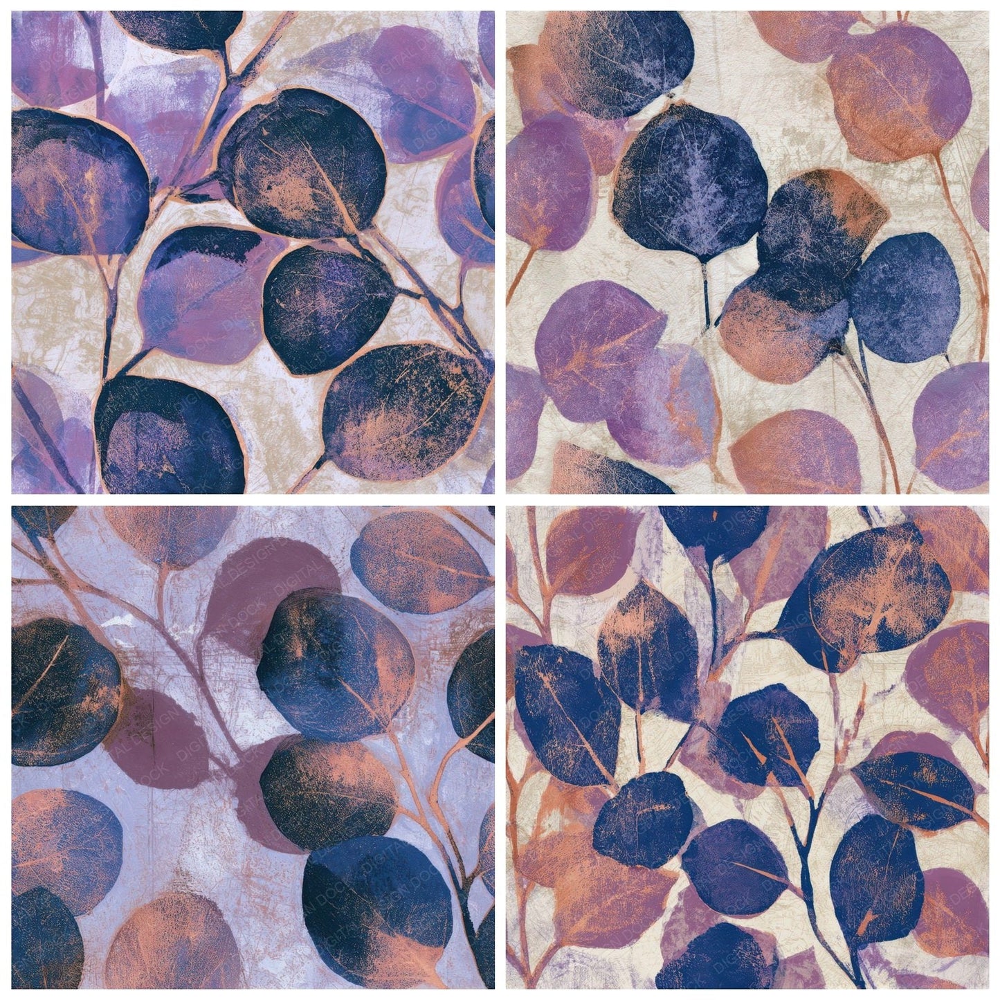 Monoprint Eucalyptus Periwinkle Plum Seamless Digital Paper Pack (DDD013674)