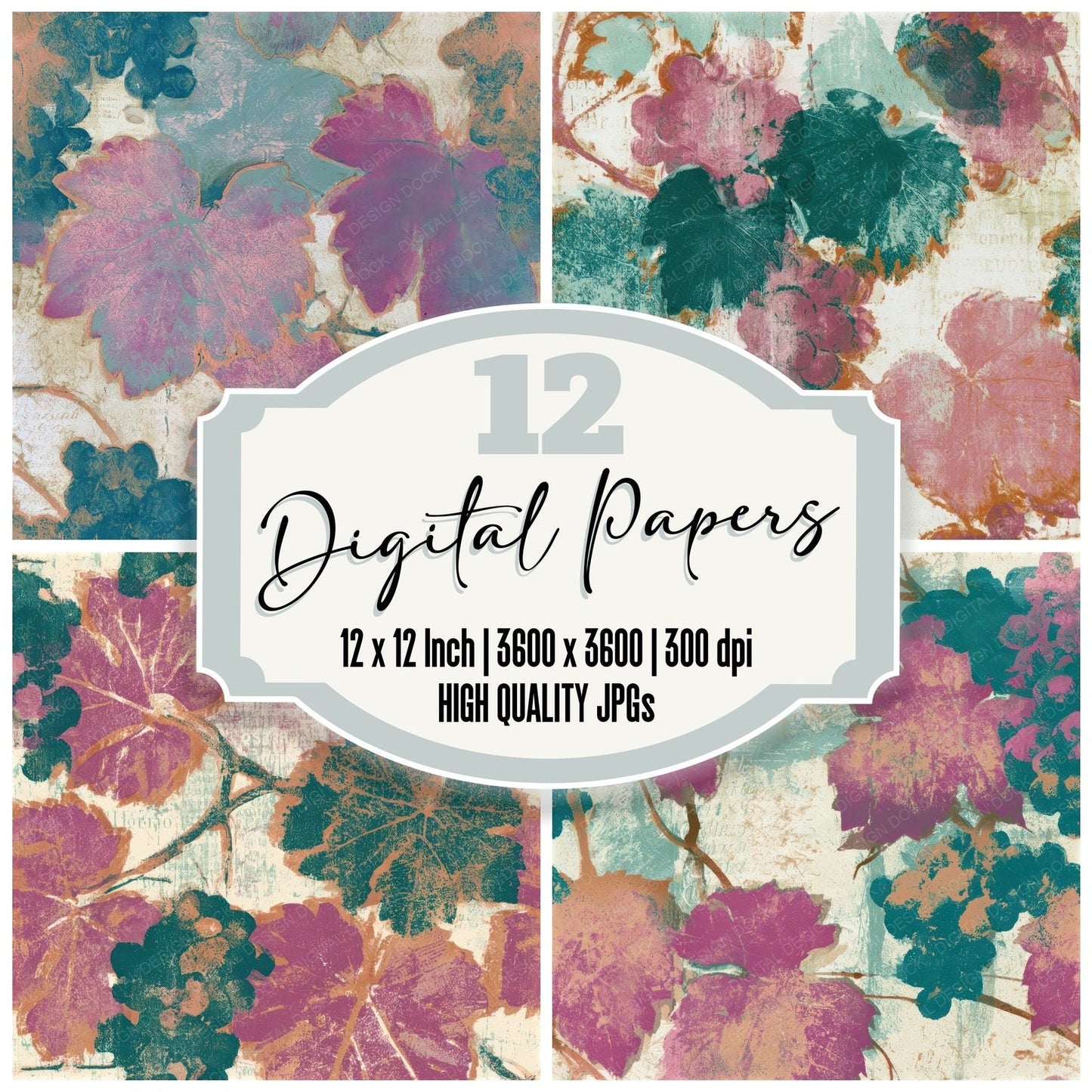 Monoprint Grapes Vines Cotton Candy Seamless Digital Paper Pack (DDD013675)