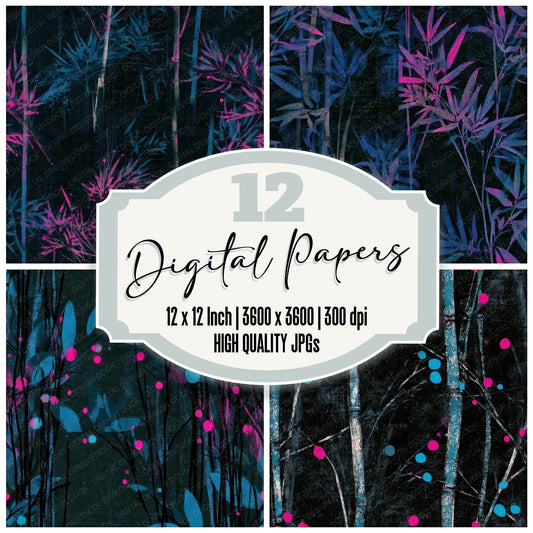Scratchboard Bamboo Pink Cyan Seamless Digital Paper Pack (DDD013677)