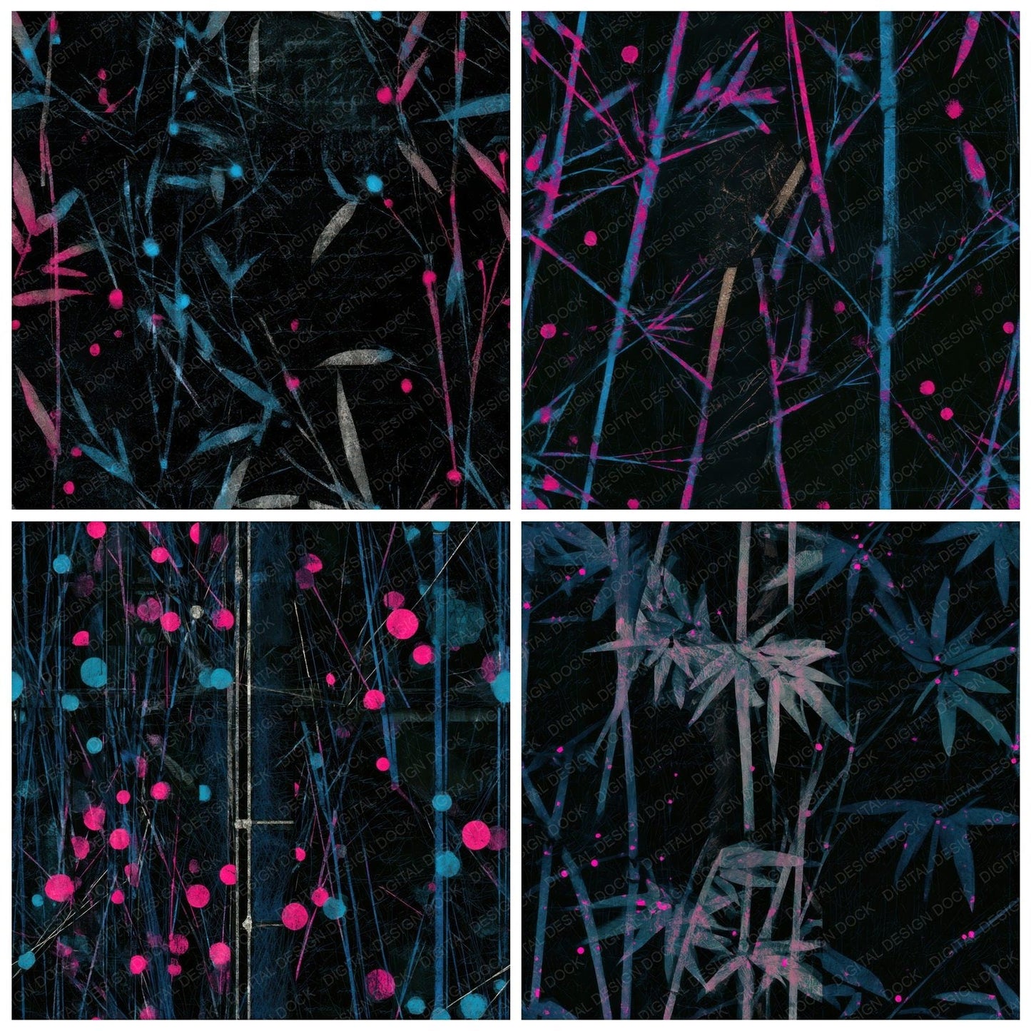Scratchboard Bamboo Pink Cyan Seamless Digital Paper Pack (DDD013677)