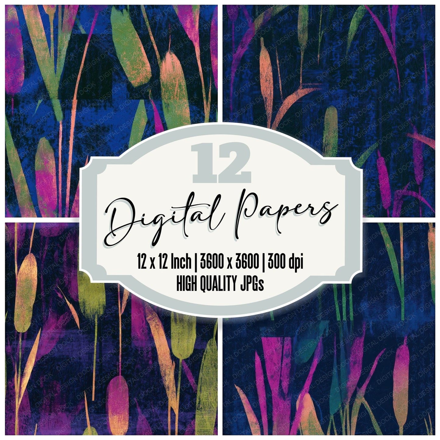Scratchboard Bulrushes Neon Magenta Seamless Digital Paper Pack (DDD013678)