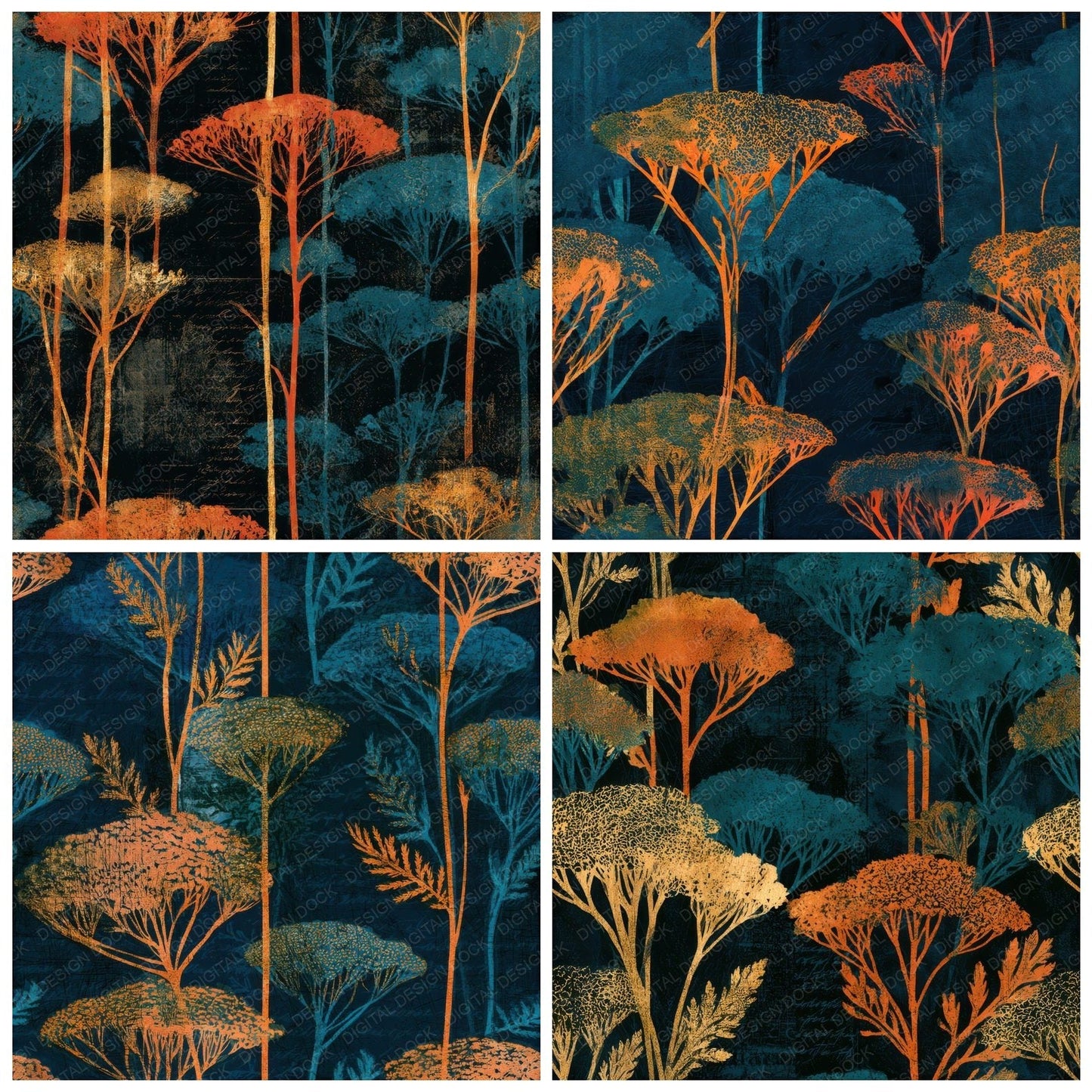 Scratchboard Yarrow Tangerine Turquoise Seamless Digital Paper Pack (DDD013679)