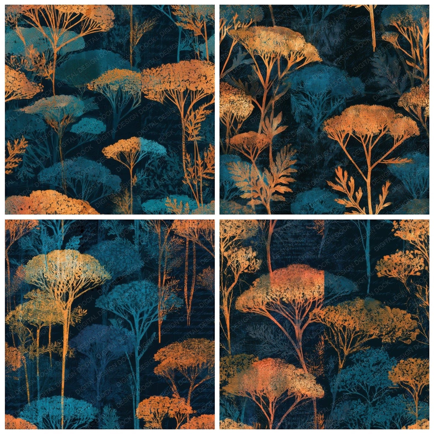 Scratchboard Yarrow Tangerine Turquoise Seamless Digital Paper Pack (DDD013679)