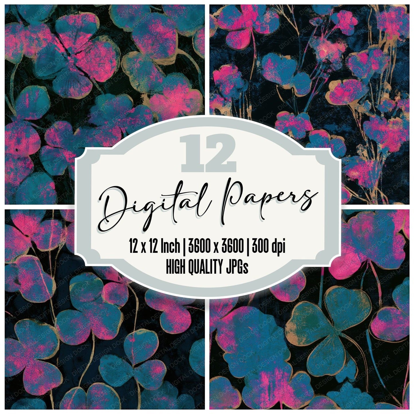 Screenprint Clover Electric Pink Cyan Seamless Digital Paper Pack (DDD013680)