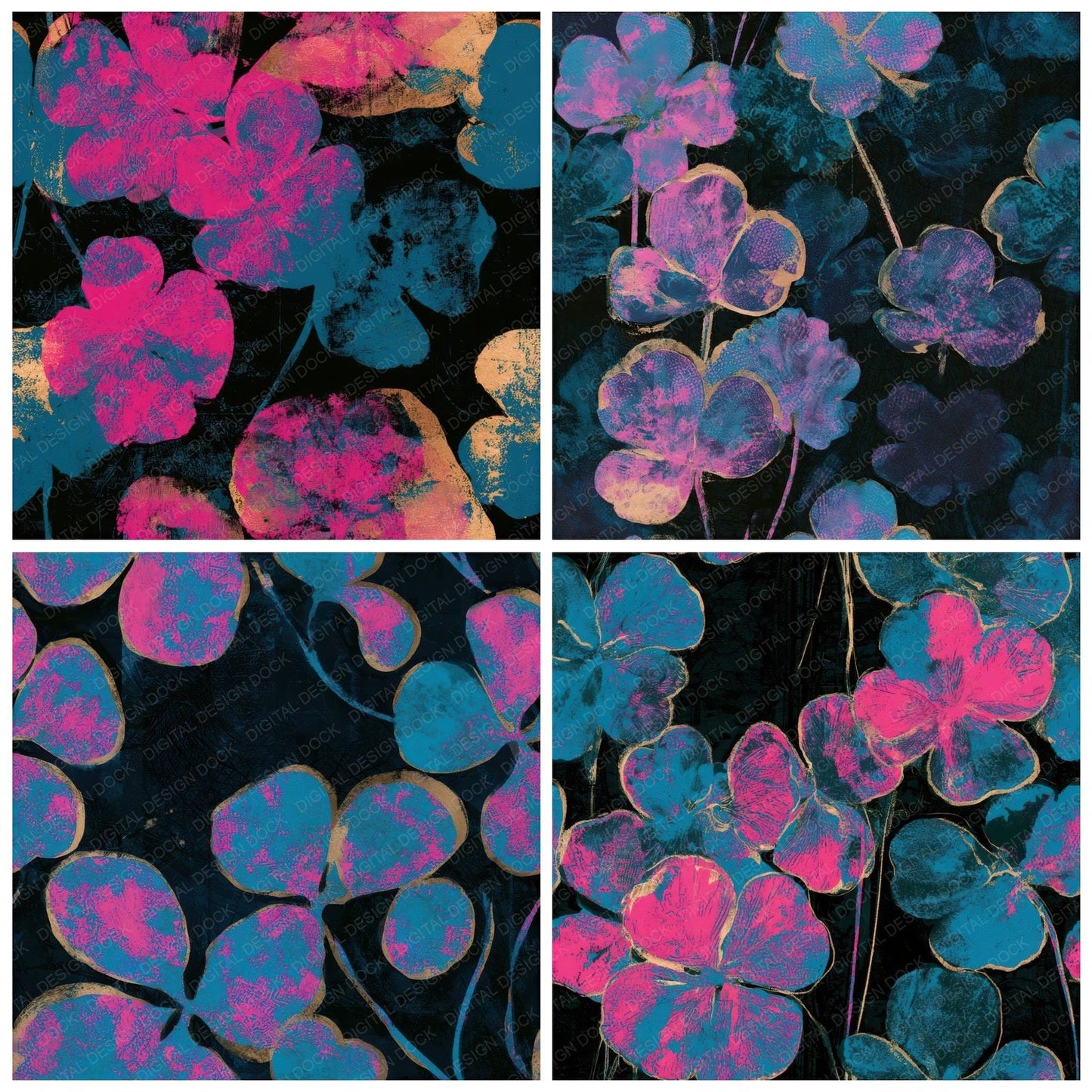Screenprint Clover Electric Pink Cyan Seamless Digital Paper Pack (DDD013680)