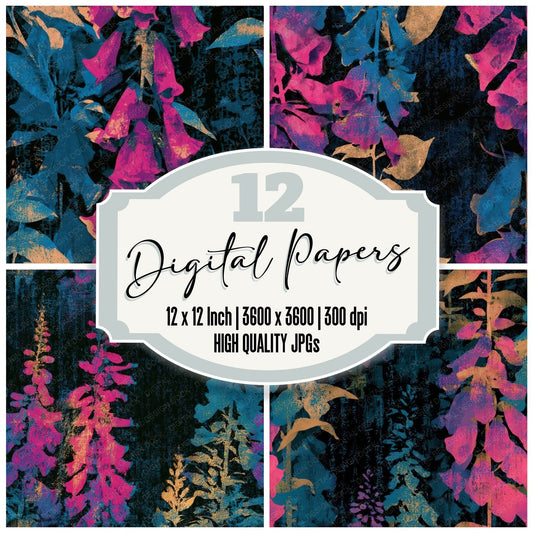 Screenprint Foxgloves Pink Cyan Seamless Digital Paper Pack (DDD013681)