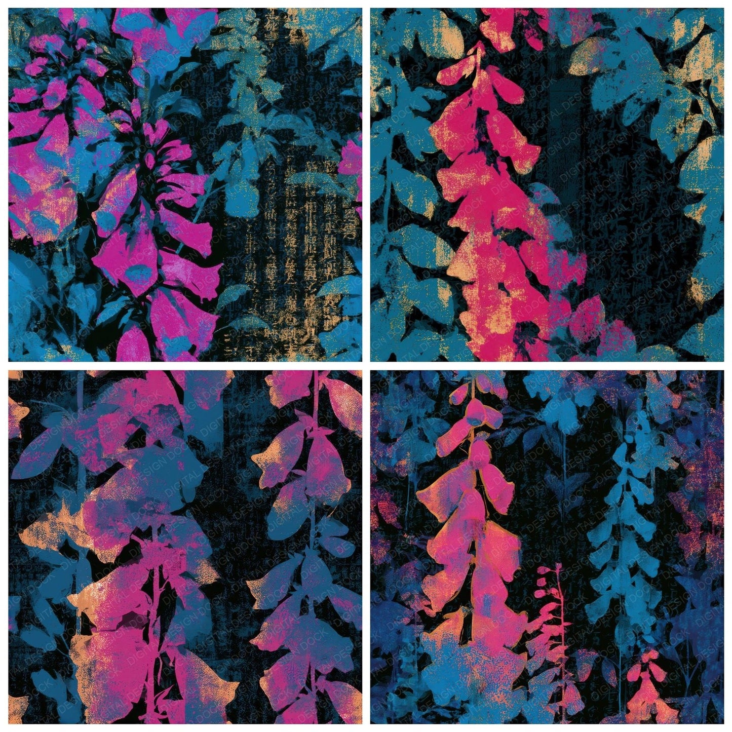 Screenprint Foxgloves Pink Cyan Seamless Digital Paper Pack (DDD013681)
