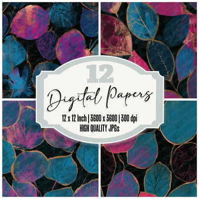 Woodblock Autumn Leaves Pink Cyan Seamless Digital Paper Pack (DDD013683)