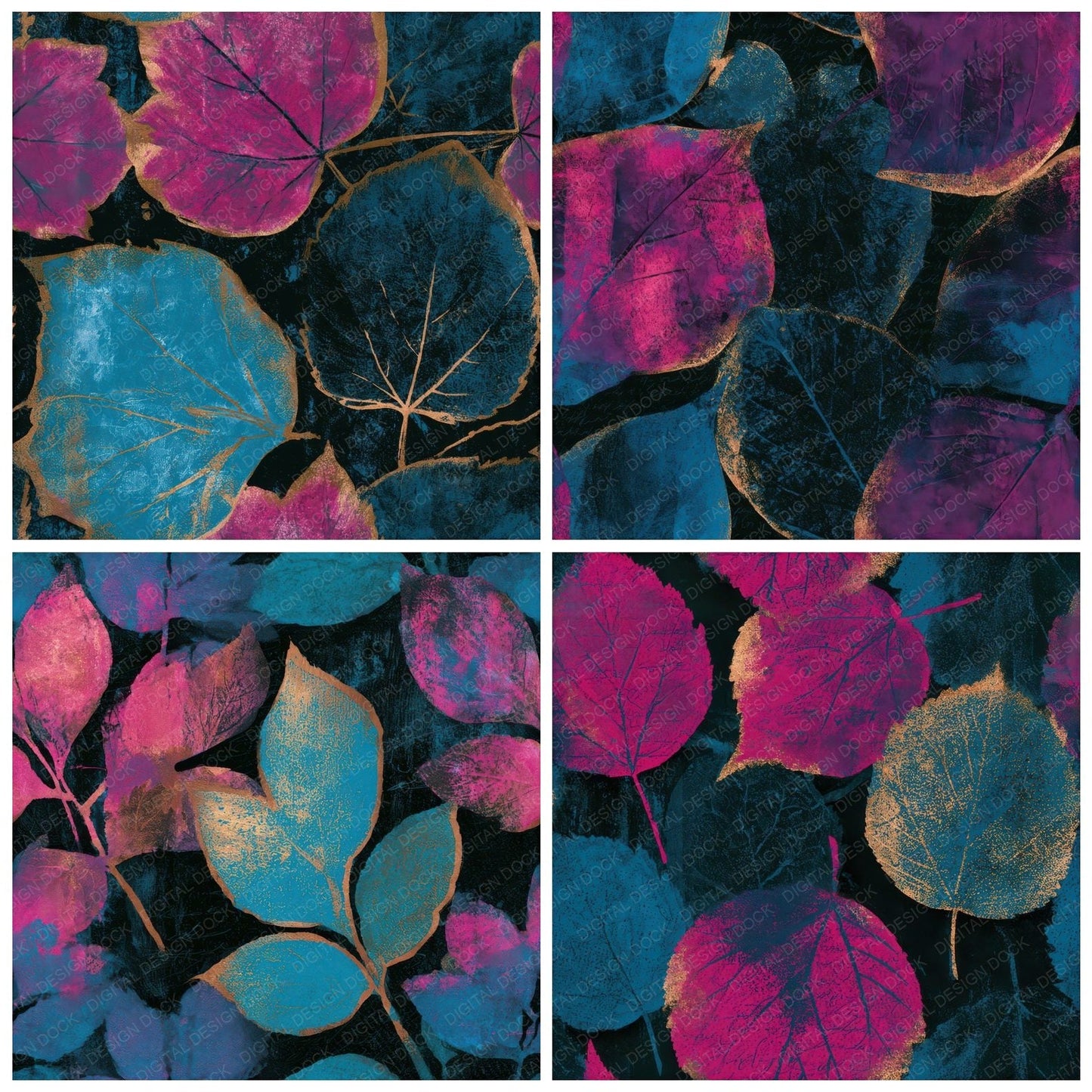 Woodblock Autumn Leaves Pink Cyan Seamless Digital Paper Pack (DDD013683)