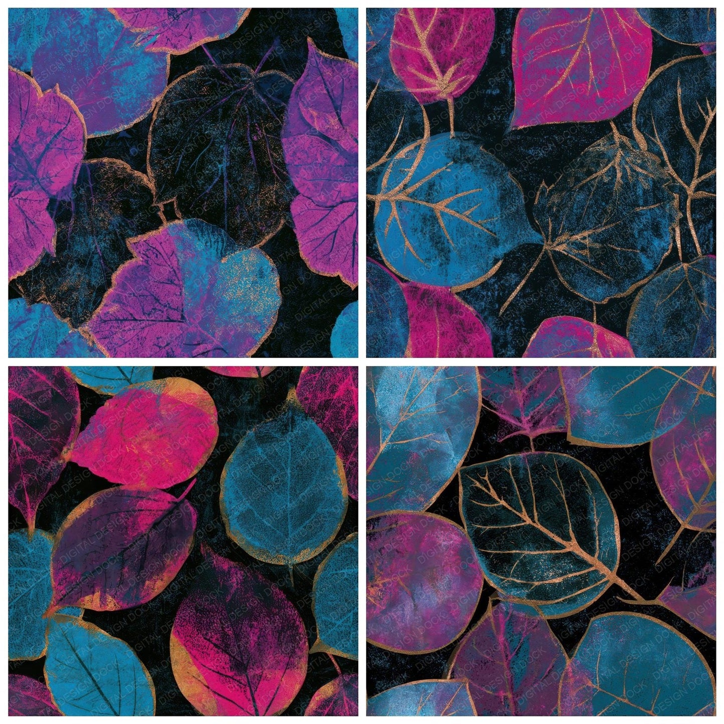 Woodblock Autumn Leaves Pink Cyan Seamless Digital Paper Pack (DDD013683)