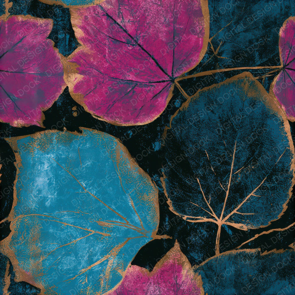 Woodblock Autumn Leaves Pink Cyan Seamless Digital Paper Pack (DDD013683)
