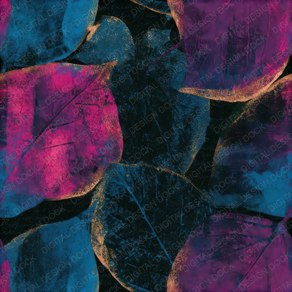 Woodblock Autumn Leaves Pink Cyan Seamless Digital Paper Pack (DDD013683)