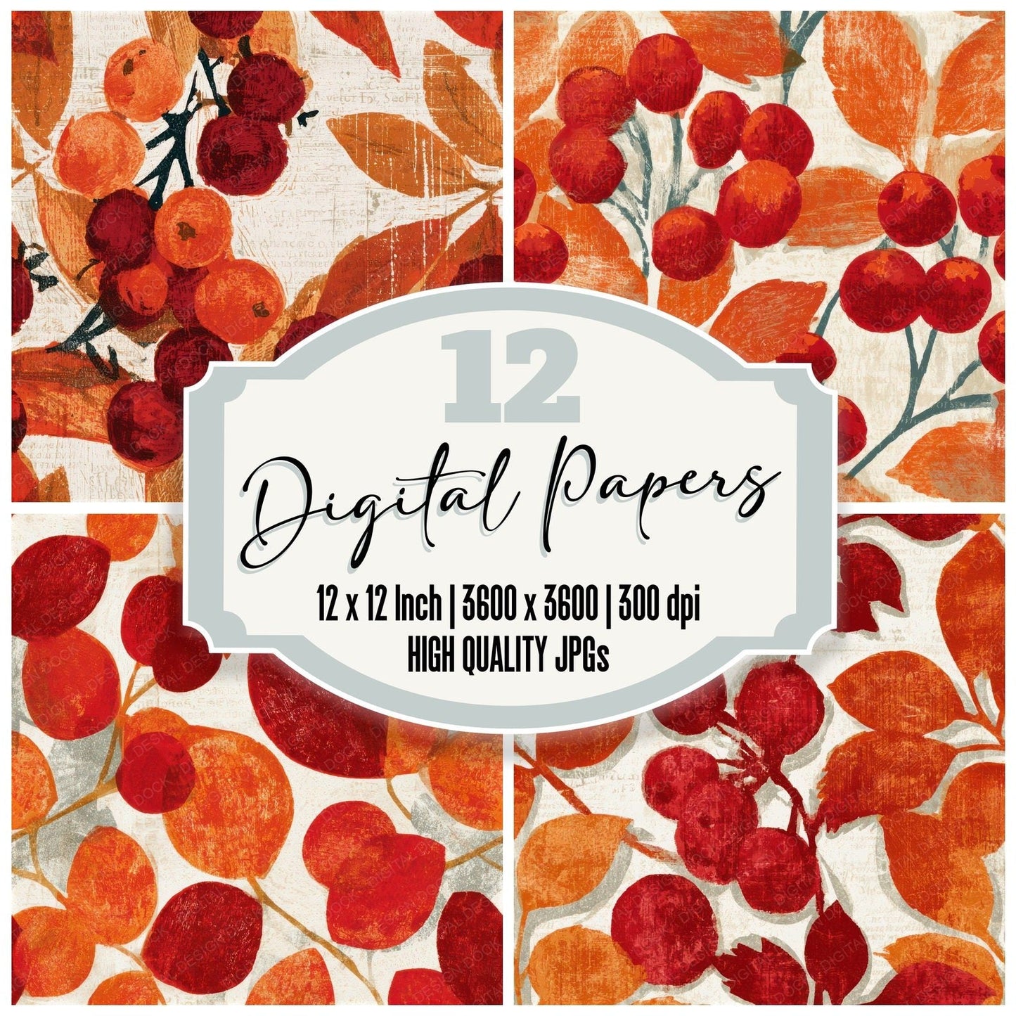 Woodcut Berries Cherry Orange Seamless Digital Paper Pack (DDD013684)