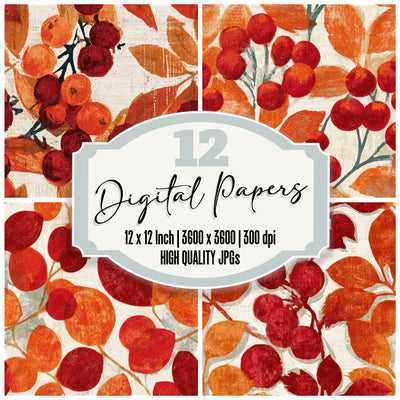 Woodcut Berries Cherry Orange Seamless Digital Paper Pack (DDD013684)